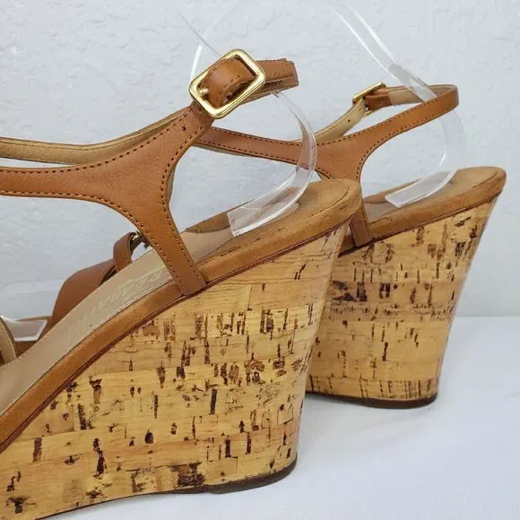 Salvatore Ferragamo Platform Cork Wedges Brown Leather SandalsItaly